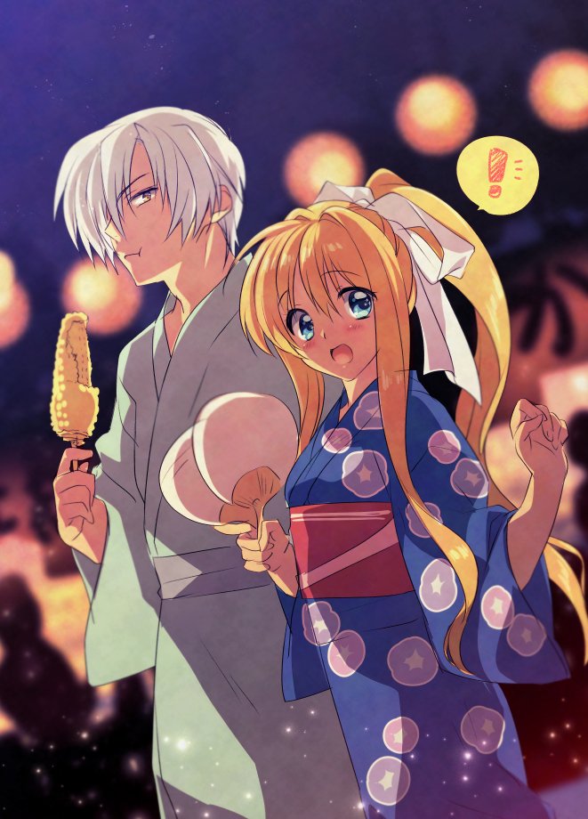 ! 1boy 1girl air blonde_hair blue_eyes blue_kimono brown_eyes corn fan floral_print grey_kimono hair_over_one_eye japanese_clothes kamio_misuzu kimono kunisaki_yukito lantern night ponytail print_kimono satomi_yoshitaka silver_hair spoken_exclamation_mark