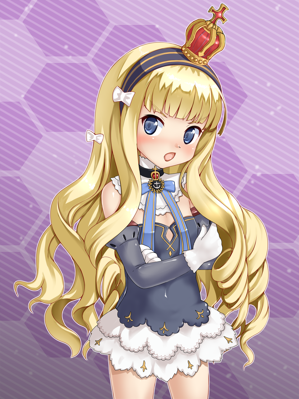 1girl azur_lane bangs bare_shoulders black_dress black_hairband blonde_hair blue_eyes blush bow commentary_request covered_navel crossed_arms crown detached_sleeves diagonal-striped_background diagonal_stripes dress eyebrows_visible_through_hair gloves hair_bow hairband head_tilt highres honeycomb_(pattern) honeycomb_background kumaneko_rococo long_hair long_sleeves mini_crown nose_blush open_mouth queen_elizabeth_(azur_lane) solo strapless strapless_dress striped striped_background striped_hairband v-shaped_eyebrows very_long_hair white_bow white_gloves