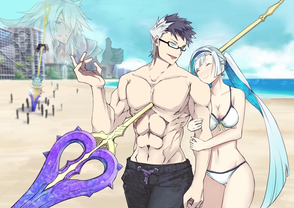 1girl 2boys beach bikini blue_eyes blue_hair blue_sky brynhildr_(fate) fate/apocrypha fate/grand_order fate/prototype fate/prototype:_fragments_of_blue_and_silver fate_(series) female_swimwear glasses impaled looking_at_another male_swimwear multicolored_hair multiple_boys no_nipples polearm projected_inset siegfried_(fate) sigurd_(fate/grand_order) sky spear swim_trunks swimsuit swimwear thumbs_up two-tone_hair walking water weapon yuzuruka_(bougainvillea)