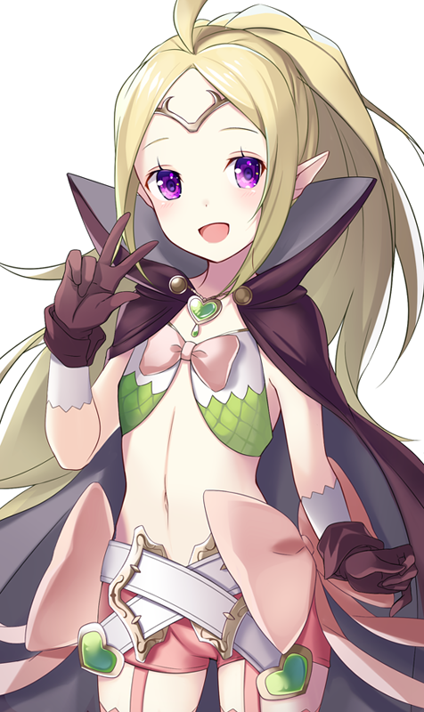 1girl blonde_hair bow brown_gloves cape circlet fire_emblem fire_emblem:_kakusei fire_emblem_heroes flat_chest gloves long_hair mamkute midriff navel nowi_(fire_emblem) open_mouth pink_bow pink_shorts pointy_ears ponytail ringozaka_mariko short_shorts shorts simple_background solo v violet_eyes white_background