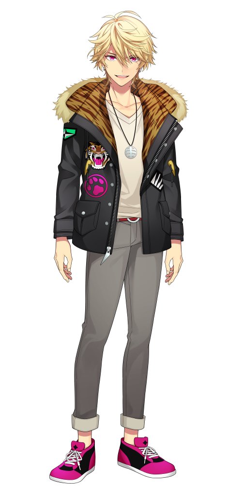 1boy black_jacket blonde_hair commentary_request full_body grey_pants jacket jewelry long_sleeves looking_at_viewer male_focus natsuko_(bluecandy) necklace open_clothes open_jacket open_mouth original pants pink_eyes pink_footwear shirt shoes simple_background smile sneakers solo standing white_background white_shirt