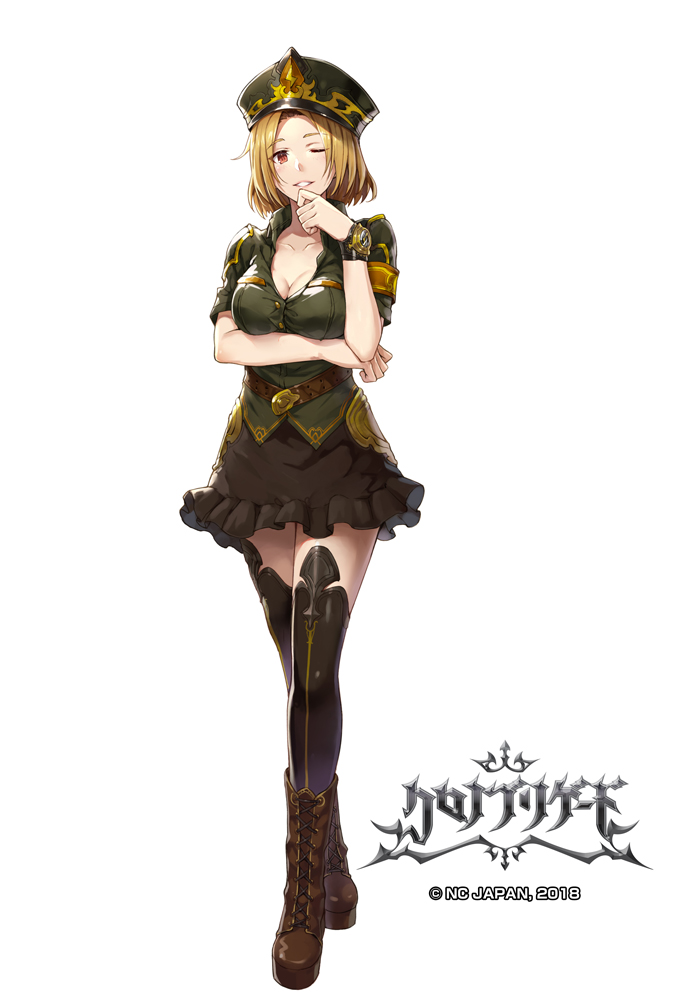 1girl 2018 armband black_legwear black_skirt blonde_hair boots breasts brown_footwear cleavage collarbone copyright_request dress_shirt frilled_skirt frills full_body gabiran green_hat hat looking_at_viewer medium_breasts official_art one_eye_closed parted_lips red_eyes shirt short_hair short_sleeves simple_background skirt smile solo thigh-highs white_background zettai_ryouiki