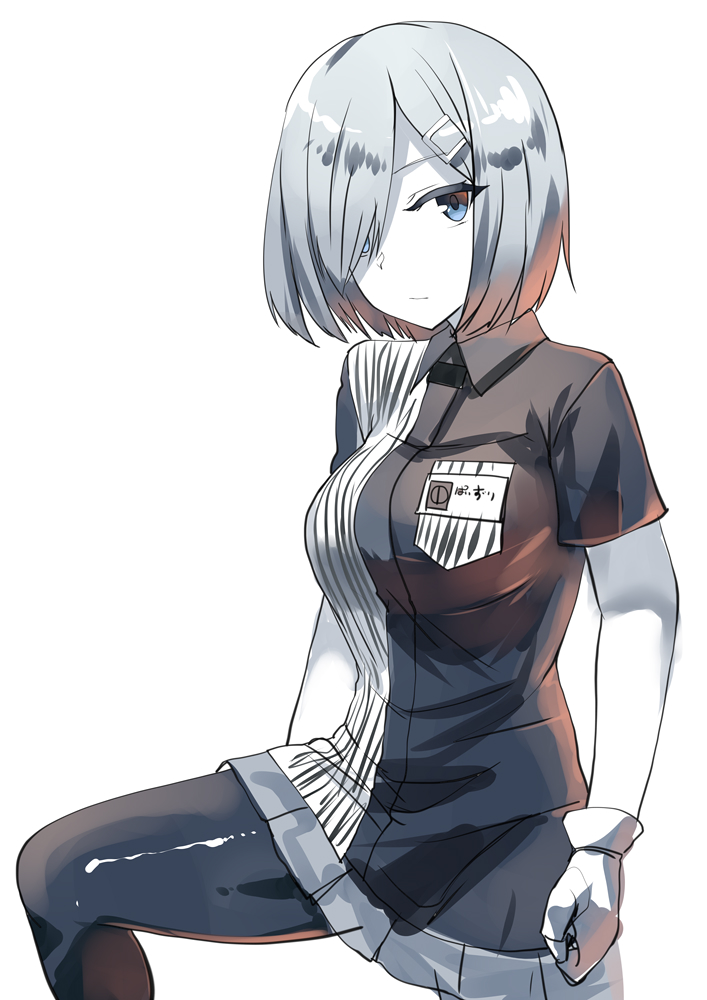 1girl alternate_costume black_legwear blue_eyes breasts closed_mouth collared_shirt expressionless gloves hair_ornament hair_over_one_eye hairclip hamakaze_(kantai_collection) kantai_collection knee_up large_breasts lawson limited_palette lolicept looking_at_viewer pantyhose pleated_skirt shirt short_hair short_sleeves silver_hair simple_background skirt solo white_background white_gloves