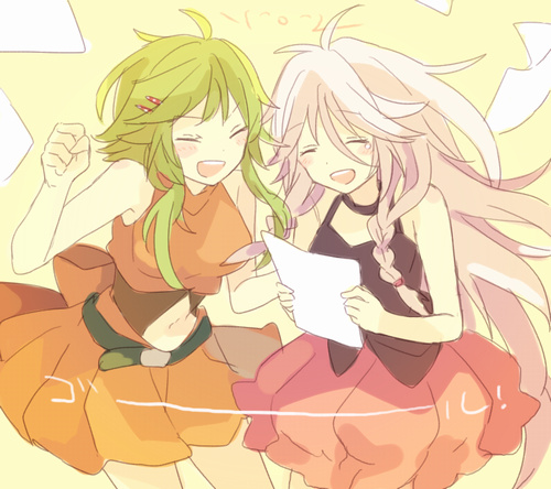 2girls \(^o^)/ ^_^ akiyoshi_(tama-pete) bare_arms bare_shoulders black_choker black_shirt braid choker clenched_hand closed_eyes cowboy_shot crying eyebrows_visible_through_hair floating green_hair gumi hair_ornament hairclip happy happy_tears holding holding_paper ia_(vocaloid) jumping long_hair lowres multiple_girls navel open_mouth orange_background orange_shirt orange_skirt paper pink_skirt shirt short_hair_with_long_locks short_sleeves simple_background skirt sleeveless sleeveless_shirt smile tears teeth thighs translated upper_body vocaloid white_hair