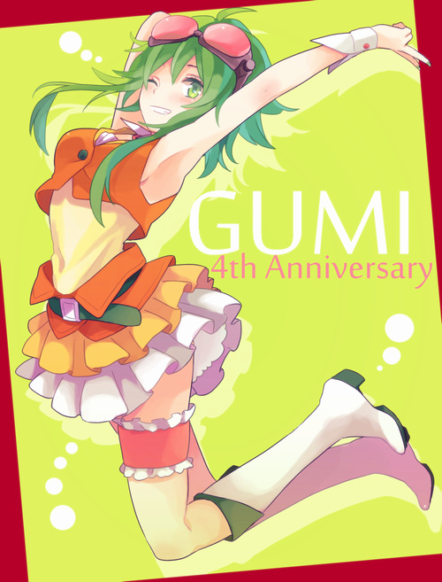 1girl ;d akiyoshi_(tama-pete) anniversary armpits arms_up bangs bare_arms bare_shoulders belt blush boots character_name fingernails frame frilled_skirt frills full_body goggles goggles_on_head green_background green_eyes green_hair green_nails grin gumi happy jumping leg_garter looking_at_viewer nail_polish number one_eye_closed open_mouth red_background shirt short_hair short_hair_with_long_locks simple_background skirt sleeveless sleeveless_shirt smile solo teeth thighs two-tone_background v vocaloid white_footwear wrist_cuffs