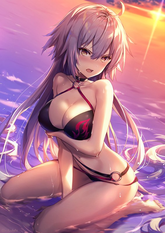 1girl ahoge arm_under_breasts bare_shoulders between_legs bikini black_bikini black_choker blush breasts choker cleavage collar collarbone commentary_request fate/grand_order fate_(series) hair_between_eyes hand_between_legs jeanne_d'arc_(alter_swimsuit_berserker) jeanne_d'arc_(fate)_(all) large_breasts long_hair looking_at_viewer navel o-ring o-ring_bikini o-ring_bottom o-ring_top ocean open_mouth partially_submerged riichu seiza silver_hair sitting sunset swimsuit waist water wet yellow_eyes