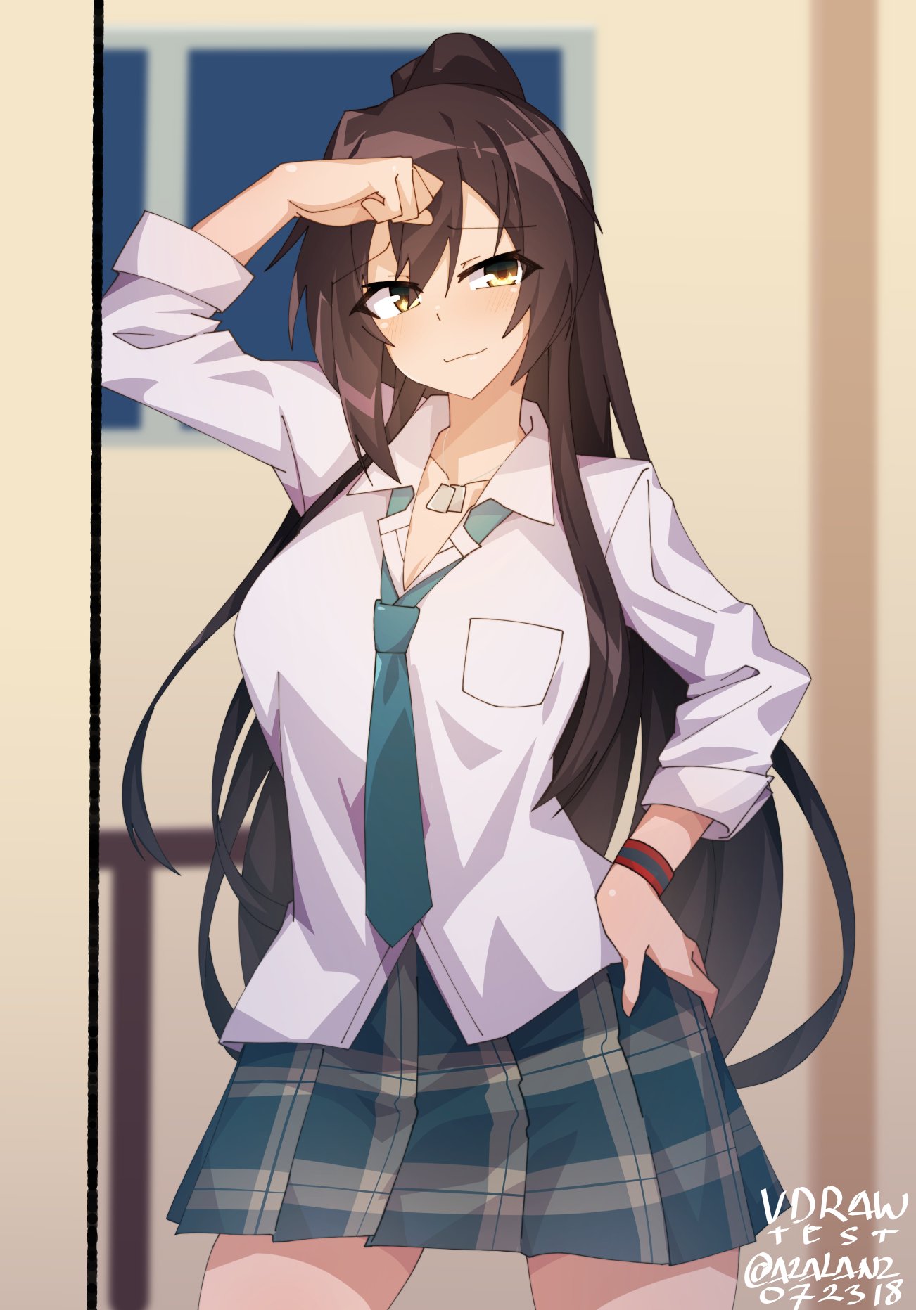 1girl bangs blue_neckwear blue_skirt blurry blurry_background breast_pocket brown_eyes brown_hair closed_mouth collared_shirt contrapposto cowboy_shot dated depth_of_field eyebrows_visible_through_hair hand_on_hip hand_up highres idolmaster idolmaster_shiny_colors indoors long_hair long_sleeves looking_at_viewer necktie pleated_skirt pocket ponytail popped_collar shirase_sakuya shirt skirt smile solo tilt-shift twitter_username very_long_hair wing_collar wristband