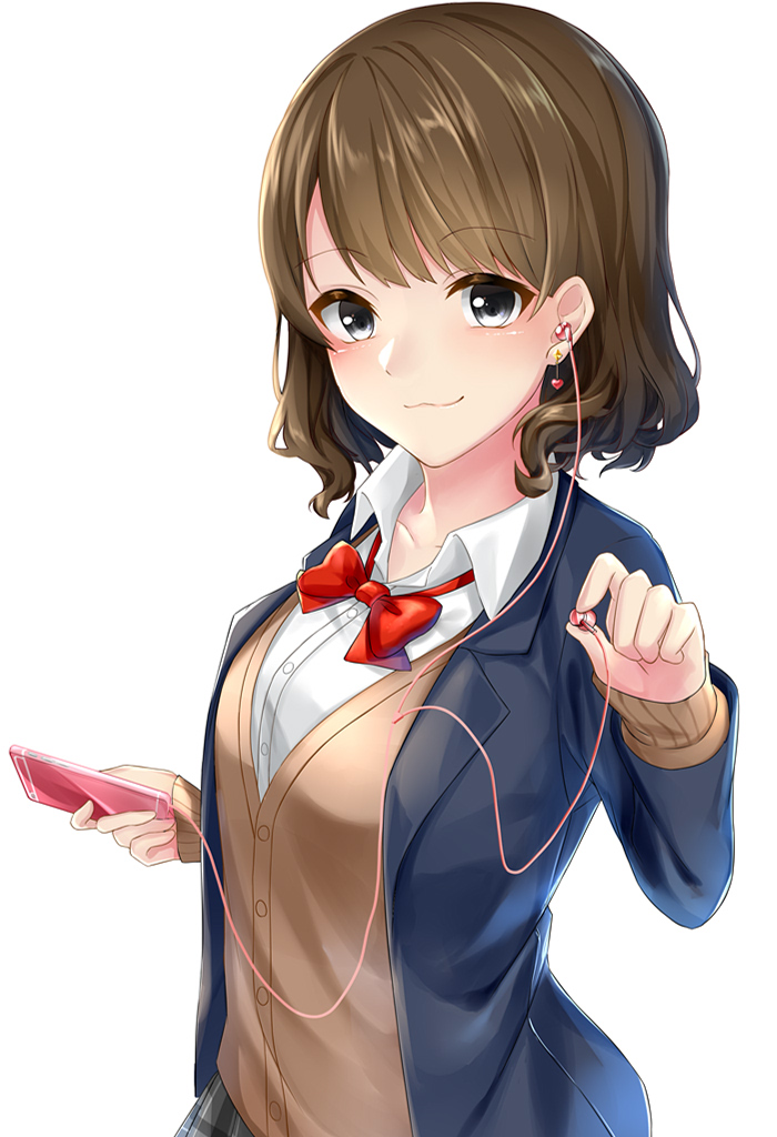 1girl black_jacket blazer bow bowtie brown_cardigan brown_hair dress_shirt earphones earrings eyebrows_visible_through_hair grey_eyes heart heart_earrings holding jacket jewelry looking_at_viewer open_blazer open_clothes open_jacket original red_bow rukinya_(nyanko_mogumogu) school_uniform shiny shiny_hair shirt short_hair simple_background smile solo upper_body white_background white_shirt