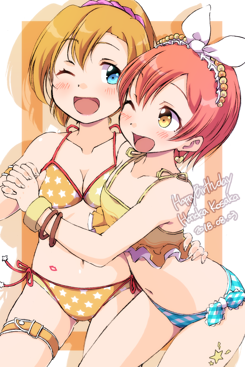 2girls ;d alternate_hairstyle arm_around_waist armband bangs bikini blue_bikini_bottom blue_eyes breasts character_name cleavage collarbone dated earrings eyebrows_visible_through_hair flat_chest hair_ornament hair_ribbon hair_scrunchie hairband halterneck hand_holding happy_birthday heart heart_earrings highres hoshizora_rin interlocked_fingers jewelry kousaka_honoka leg_tattoo legband love_live! love_live!_school_idol_project medium_breasts midriff multiple_girls navel one_eye_closed open_mouth orange_bikini orange_hair pink_scrunchie plaid plaid_bikini ponytail print_bikini ribbon scrunchie sen_(sen0910) short_hair side-tie_bikini smile star star_print stomach_tattoo swimsuit tattoo yellow_eyes