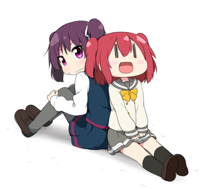 2girls :d back-to-back black_legwear blue_skirt blush_stickers bow bowtie brown_footwear dual_persona grey_legwear hair_ribbon kazuno_leah kneehighs knees_up kurosawa_ruby loafers long_sleeves looking_back love_live! love_live!_sunshine!! miyako_hito multiple_girls open_mouth pantyhose purple_hair redhead ribbon school_uniform serafuku shoes sitting skirt smile sweatdrop twintails two_side_up uranohoshi_school_uniform vest violet_eyes white_background white_ribbon yellow_neckwear ||_||