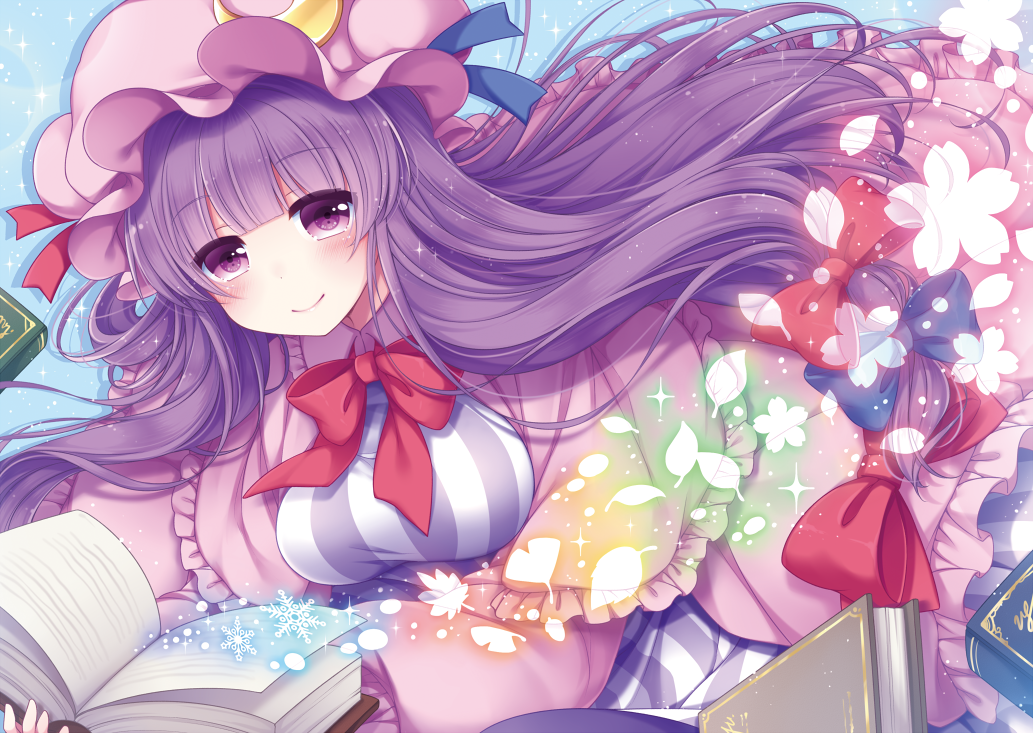 blue_background blue_bow blue_ribbon blush book bow braid breasts commentary_request crescent crescent_moon_pin eyebrows_visible_through_hair flower hat large_breasts leaf light_background looking_at_viewer magic open_book patchouli_knowledge purple_hair red_bow red_neckwear red_ribbon ribbon sanotsuki smile snowflakes sparkle touhou violet_eyes