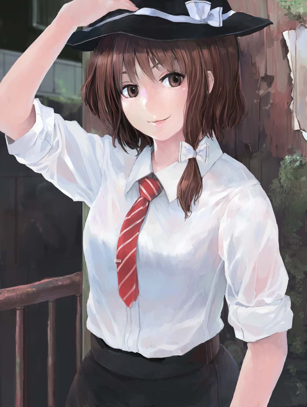 1girl black_skirt blouse brown_eyes brown_hair fedora hair_ribbon hand_on_own_headwear hat highres ichiba_youichi railing red_neckwear ribbon skirt solo striped_neckwear tie_clip touhou usami_renko white_blouse white_ribbon