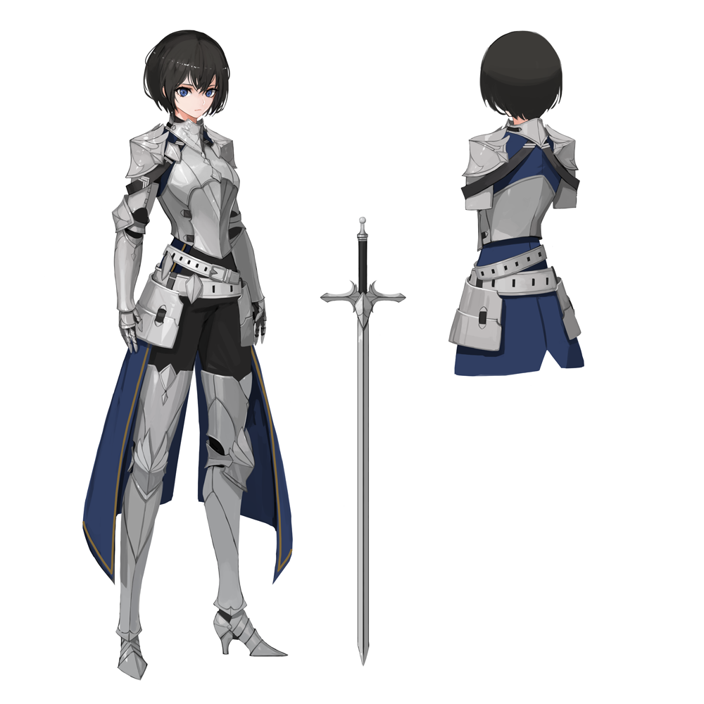 1girl akai2930 armor armored_boots arms_at_sides belt black_hair blue_eyes boots breastplate expressionless gauntlets high_heels knight looking_at_viewer original sabaton short_hair shoulder_armor sword weapon white_background