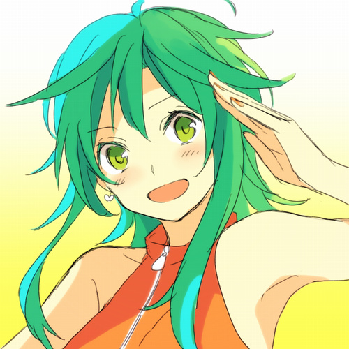 1girl :d akiyoshi_(tama-pete) antenna_hair arm_up armpits bare_arms bare_shoulders blush close-up earrings eyebrows_visible_through_hair fingernails gradient gradient_background green_eyes green_hair gumi happy heart heart_earrings jewelry lowres nail_polish open_mouth orange_nails orange_shirt salute shaded_face shirt short_hair short_hair_with_long_locks simple_background sleeveless sleeveless_shirt smile solo upper_body vocaloid white_background white_earrings yellow_background zipper