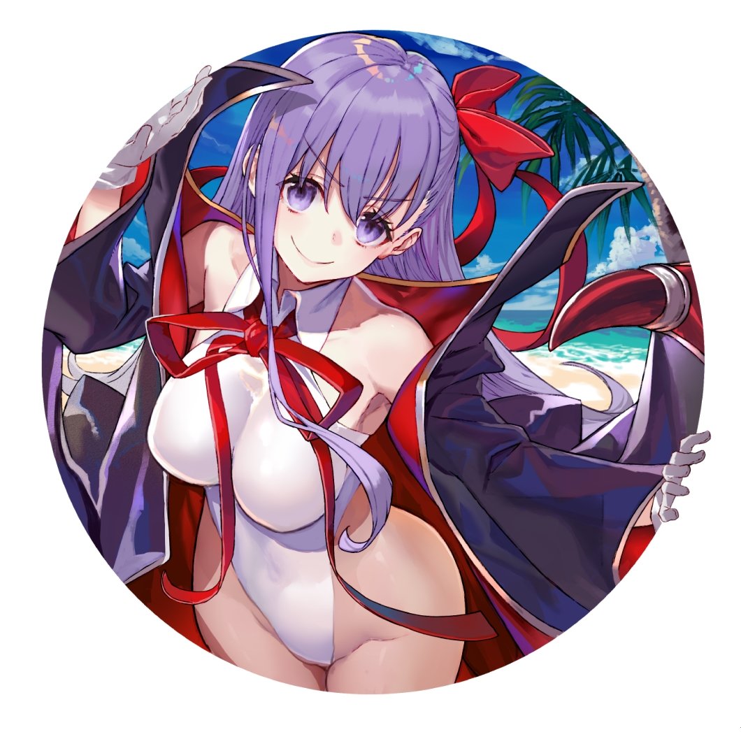1girl bare_shoulders bb_(fate)_(all) bb_(swimsuit_mooncancer)_(fate) breasts fate/grand_order fate_(series) gloves large_breasts leotard long_hair looking_at_viewer popped_collar purple_hair shirabi smile solo vampire_costume very_long_hair violet_eyes white_gloves white_leotard