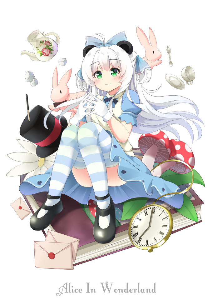 1girl agung_syaeful_anwar ahoge alice_(wonderland) alice_in_wonderland animal animal_ears apron black_footwear black_hat blue_bow blue_dress blush book bow closed_mouth commentary convenient_leg dress flower gloves green_eyes hair_bow hands_up hat interlocked_fingers long_hair mushroom original pocket_watch puffy_short_sleeves puffy_sleeves rabbit roman_numerals saucer shoes short_sleeves sidelocks silver_hair sitting smile solo spoon striped striped_legwear sugar_cube teapot thigh-highs top_hat two_side_up very_long_hair watch white_apron white_flower white_gloves