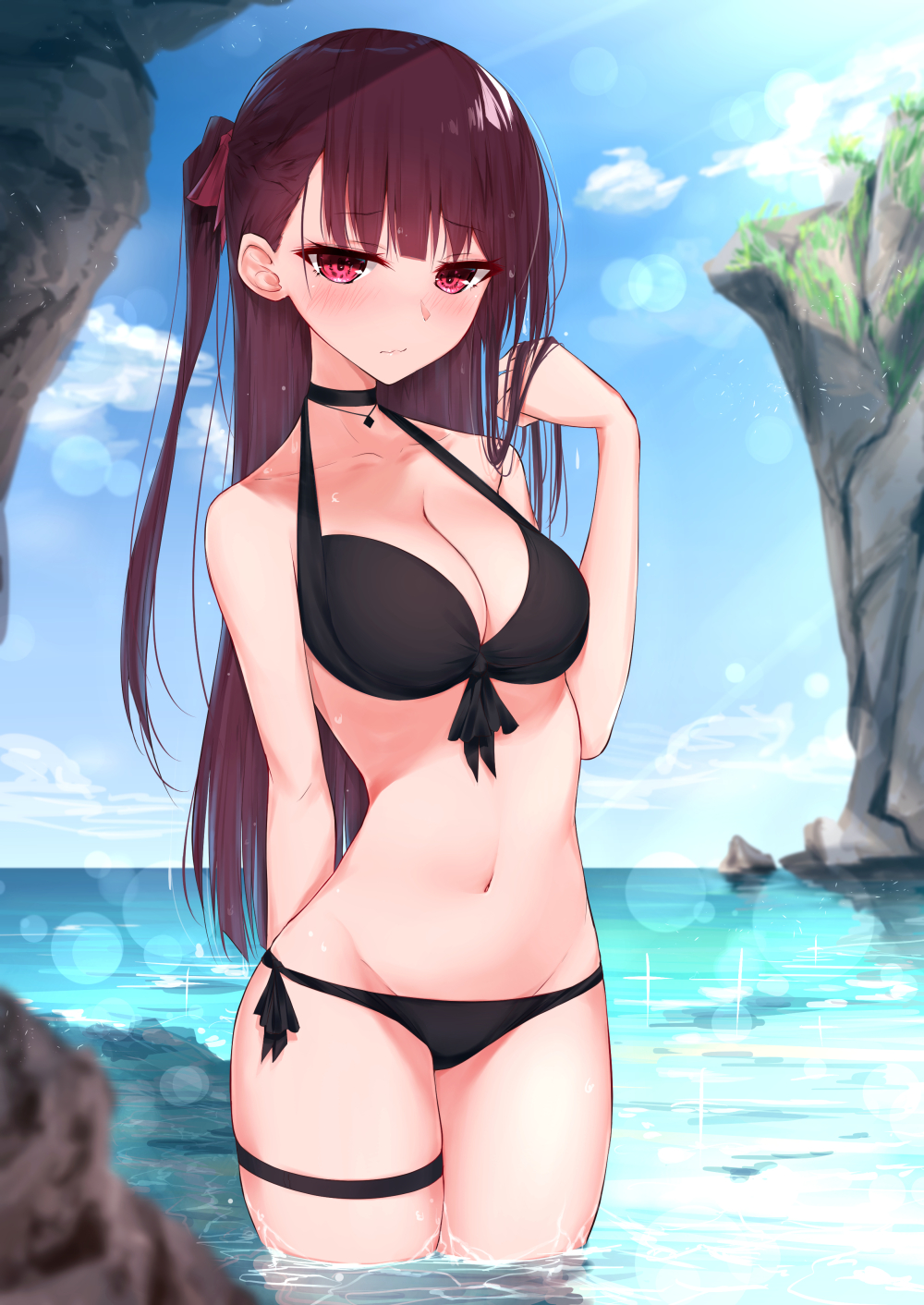 1girl alternate_costume bangs beach bikini black_bikini blue_sky blush breasts choker cleavage closed_mouth clouds collarbone commentary day eyebrows_visible_through_hair girls_frontline groin hair_ribbon half_updo hand_up highres kanju large_breasts light_particles long_hair looking_at_viewer navel ocean one_side_up outdoors partially_submerged purple_hair red_eyes ribbon rock side-tie_bikini sidelocks sky solo stomach sunlight swimsuit thigh_strap thighs tsundere tsurime very_long_hair wa2000_(girls_frontline) water wavy_mouth wet