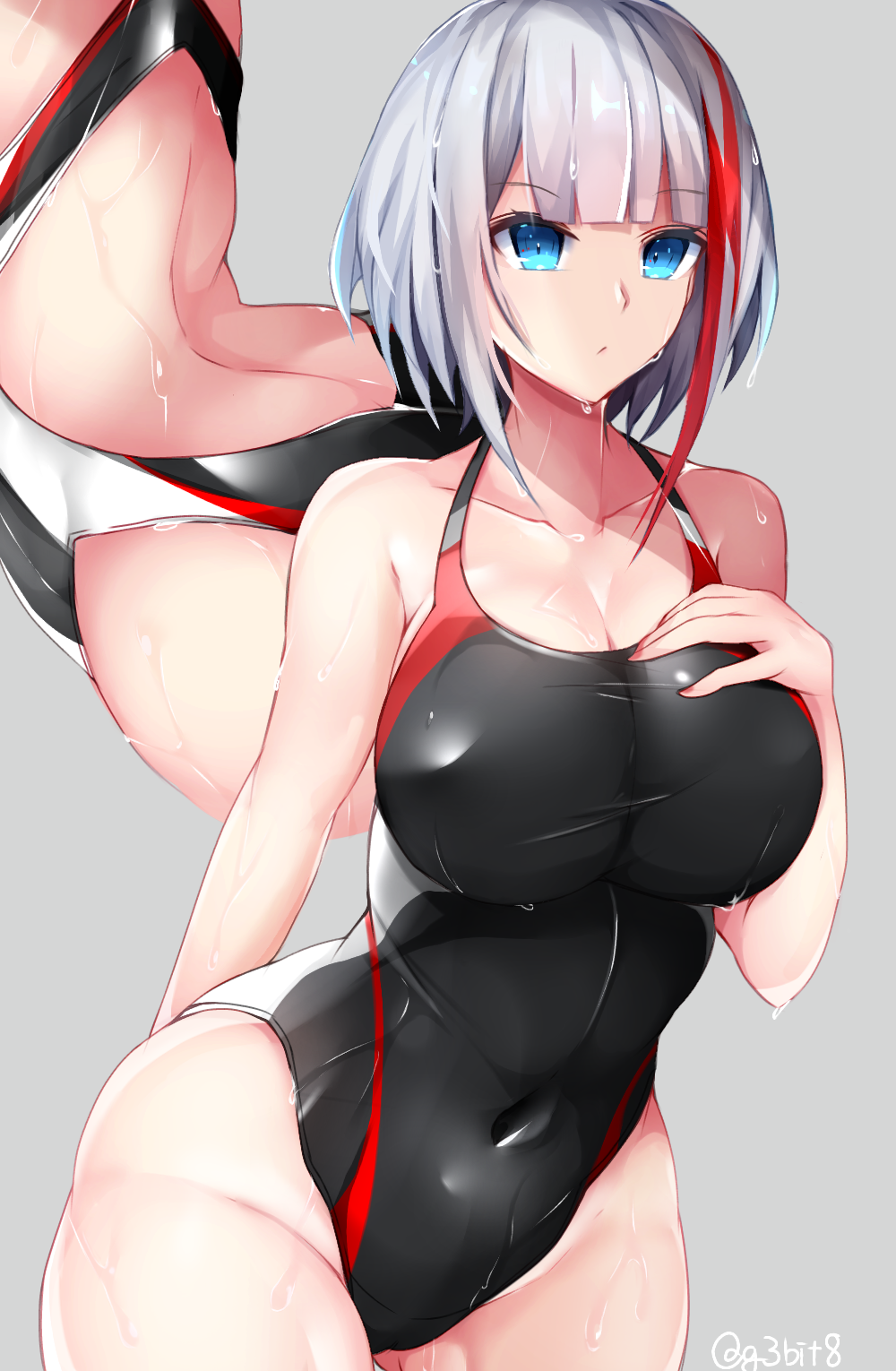1girl admiral_graf_spee_(azur_lane) azur_lane black_swimsuit blue_eyes competition_swimsuit covered_navel cowboy_shot eyebrows_visible_through_hair grey_background highres looking_at_viewer monotosu multicolored_hair one-piece_swimsuit redhead short_hair silver_hair simple_background solo streaked_hair swimsuit wet