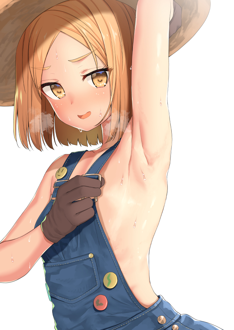 1girl arm_up armpits badge bangs blonde_hair body_mahattaya_ginga brown_gloves buttons commentary_request eyebrows_visible_through_hair fate/grand_order fate_(series) flat_chest gloves hat heavy_breathing looking_at_viewer naked_overalls overalls parted_bangs paul_bunyan_(fate/grand_order) shiny shiny_skin short_hair simple_background solo straw_hat sweat white_background yellow_eyes
