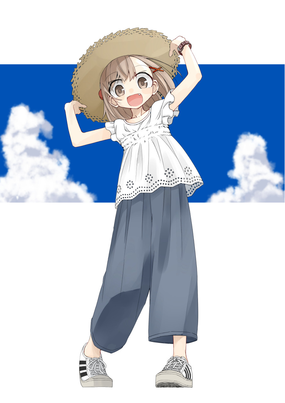 1girl :d arms_up bangs blouse blue_sky blush brown_eyes brown_hat clouds commentary_request day eyebrows_visible_through_hair fang full_body grey_pants hair_between_eyes hair_ornament hairclip hands_on_headwear hat highres leaning_to_the_side light_brown_hair open_mouth original pants shoes sky smile sneakers solo standing straw_hat usui_harusame watch watch white_blouse white_footwear x_hair_ornament