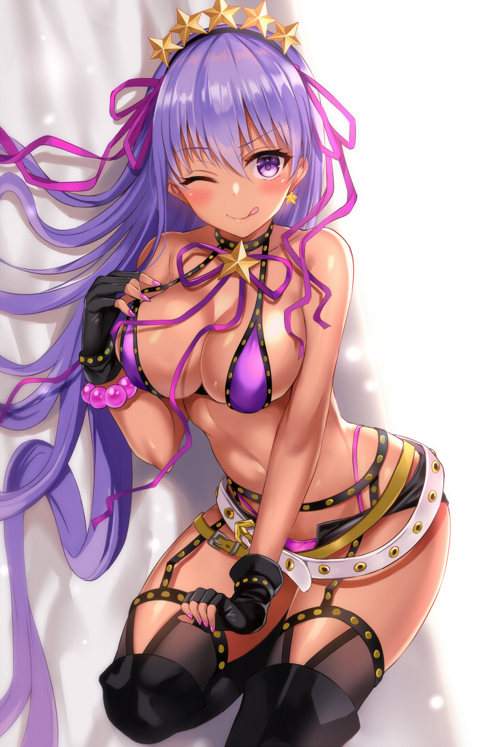 1girl :q bb_(fate)_(all) bb_(swimsuit_mooncancer)_(fate) bead_bracelet beads bed_sheet belt bikini black_gloves black_legwear blush bracelet breasts earrings fate/grand_order fate_(series) fingerless_gloves garter_belt garter_straps gloves hair_ornament harimoji jewelry large_breasts long_hair looking_at_viewer lying navel on_side one_eye_closed purple_bikini purple_hair smile solo star star_earrings star_hair_ornament swimsuit tan thigh-highs tongue tongue_out violet_eyes