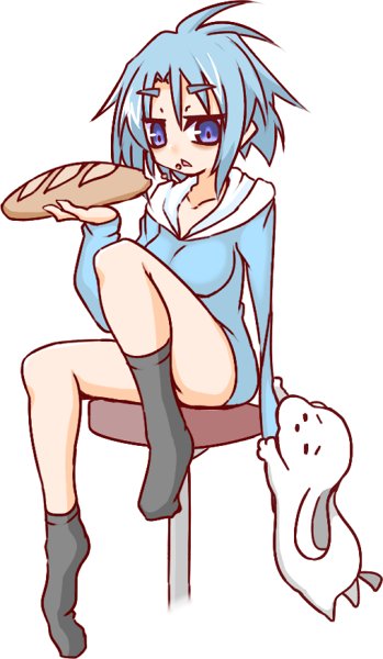 1girl :&lt; amputee animal asymmetrical_legwear bangs black_legwear blue_hair blue_jacket blush bread breasts closed_eyes collarbone commentary_request dog eyebrows_visible_through_hair food food_on_face full_body hair_between_eyes hand_up holding holding_food hono hood hood_down hooded_jacket jacket kneehighs kneehighs_pull long_sleeves medium_breasts nath no_shoes official_art parted_lips simple_background sitting solo stool suguri triangle_mouth violet_eyes white_background