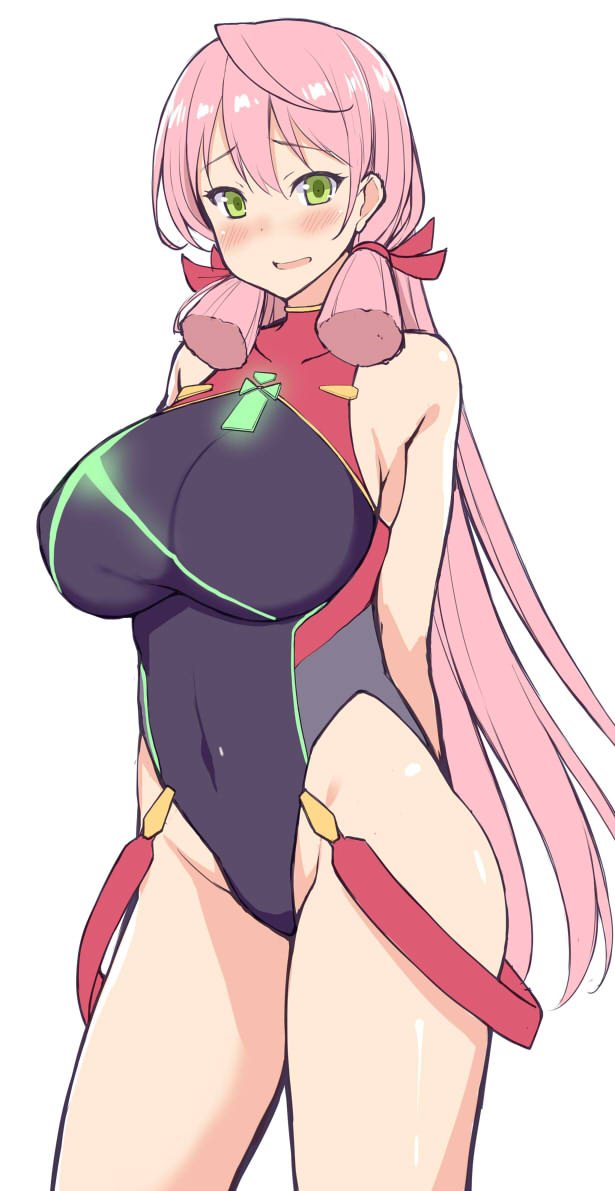 1girl akashi_(kantai_collection) arms_behind_back breasts character_request copyright_request cosplay cosplay_request covered_navel cowboy_shot green_eyes hair_ribbon pyra_(xenoblade) pyra_(xenoblade)_(cosplay) kantai_collection kusano_(torisukerabasu) large_breasts long_hair looking_at_viewer multicolored multicolored_clothes pink_hair ribbon simple_background solo tress_ribbon turtleneck white_background