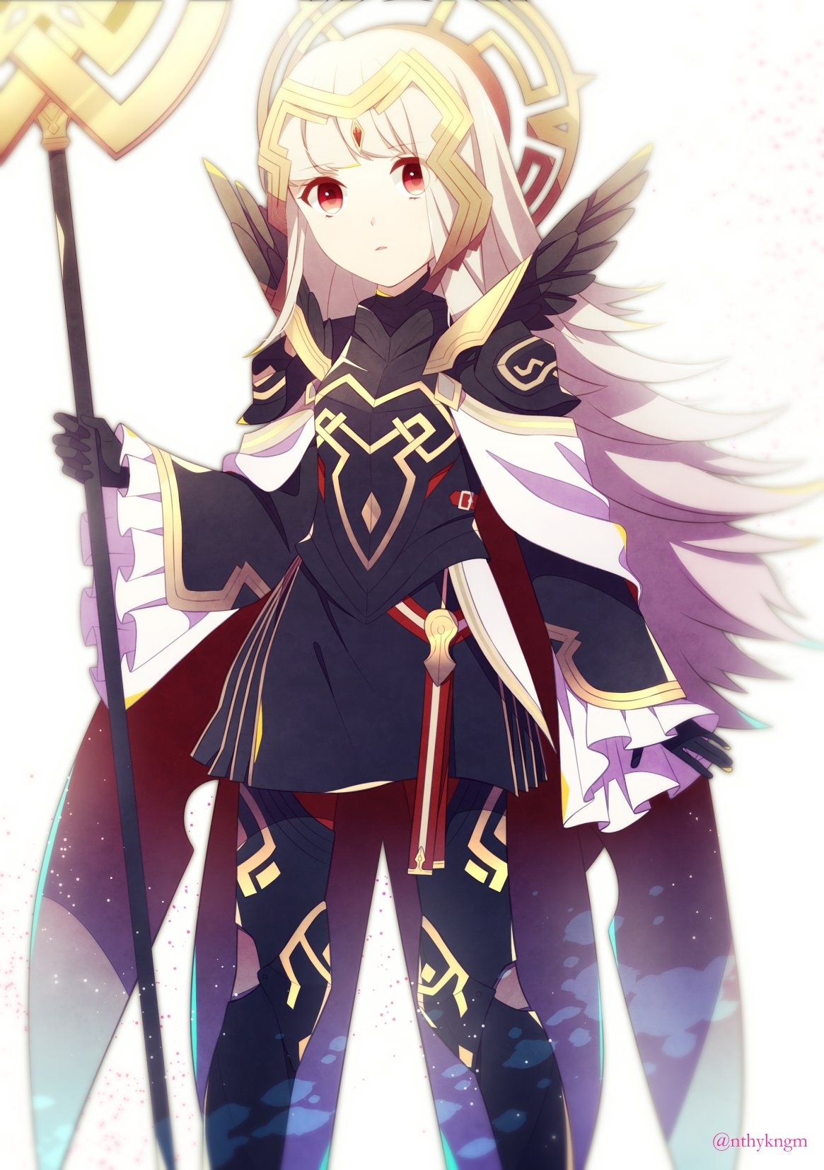 1girl armor black_armor black_gloves cape crml_orng crown fire_emblem fire_emblem_heroes gloves grey_hair hair_ornament highres holding holding_staff long_hair long_sleeves parted_lips red_eyes shoulder_armor simple_background solo staff standing twitter_username veronica_(fire_emblem) white_background