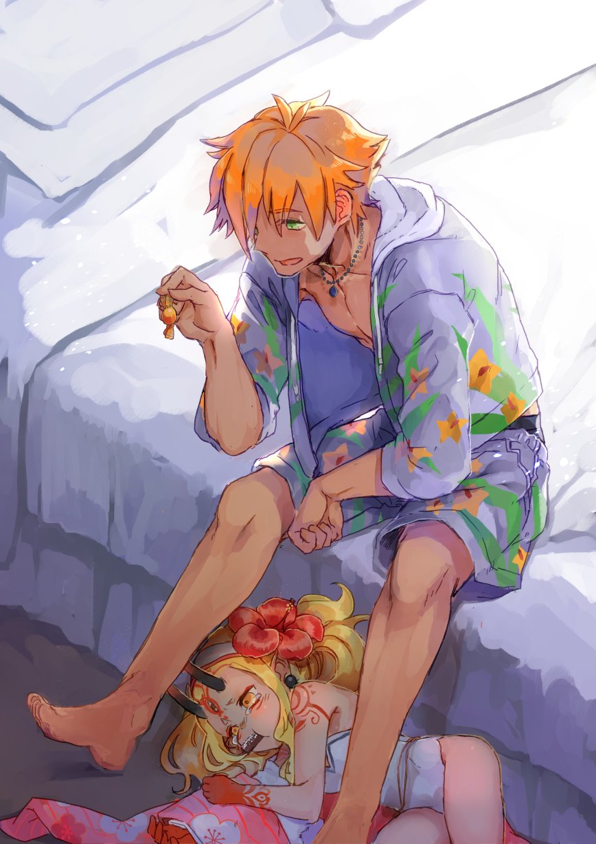 1boy 1girl bed_sheet blonde_hair candy fate/extra fate/grand_order fate_(series) floral_print flower food food_in_mouth green_eyes hibiscus highres horns ibaraki_douji_(fate/grand_order) ibaraki_douji_(swimsuit_lancer)_(fate) japanese_clothes jewelry looking_at_another looking_down lying male_swimwear motoaki necklace on_bed on_floor on_side oni_horns orange_hair pillow robin_hood_(fate) sad sitting summer_hunter swim_trunks swimwear tears twintails yellow_eyes