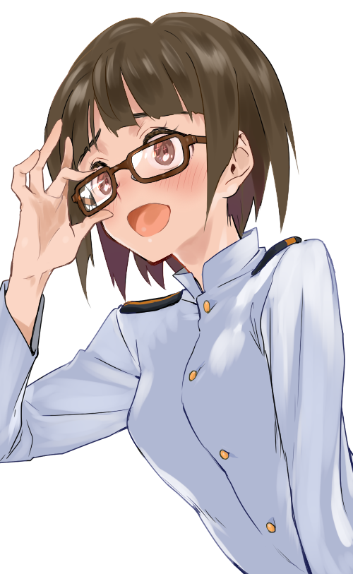 1girl adjusting_eyewear blush brown_eyes brown_hair buttons commentary_request glasses homare_(homaredai) military military_uniform open_mouth sakomizu_haruka simple_background solo uniform upper_body white_background world_witches_series