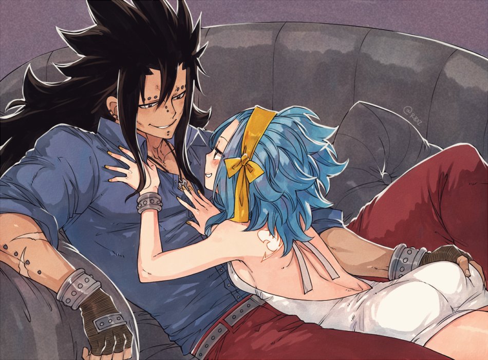 1boy 1girl ass_grab backless_dress backless_outfit belt black_eyes black_hair blue_hair blue_shirt blush breasts brown_gloves chin_piercing couch couple dress dress_shirt ear_piercing eye_contact fairy_tail fingerless_gloves gajeel_redfox gloves grey_ribbon grin hairband jewelry levy_mcgarden long_hair looking_at_another lying lying_on_person necklace nose_piercing on_back on_stomach orange_hairband pants piercing pillow red_pants rusky shirt short_dress sideboob sign sleeveless sleeveless_dress small_breasts smile spiky_hair tattoo white_dress