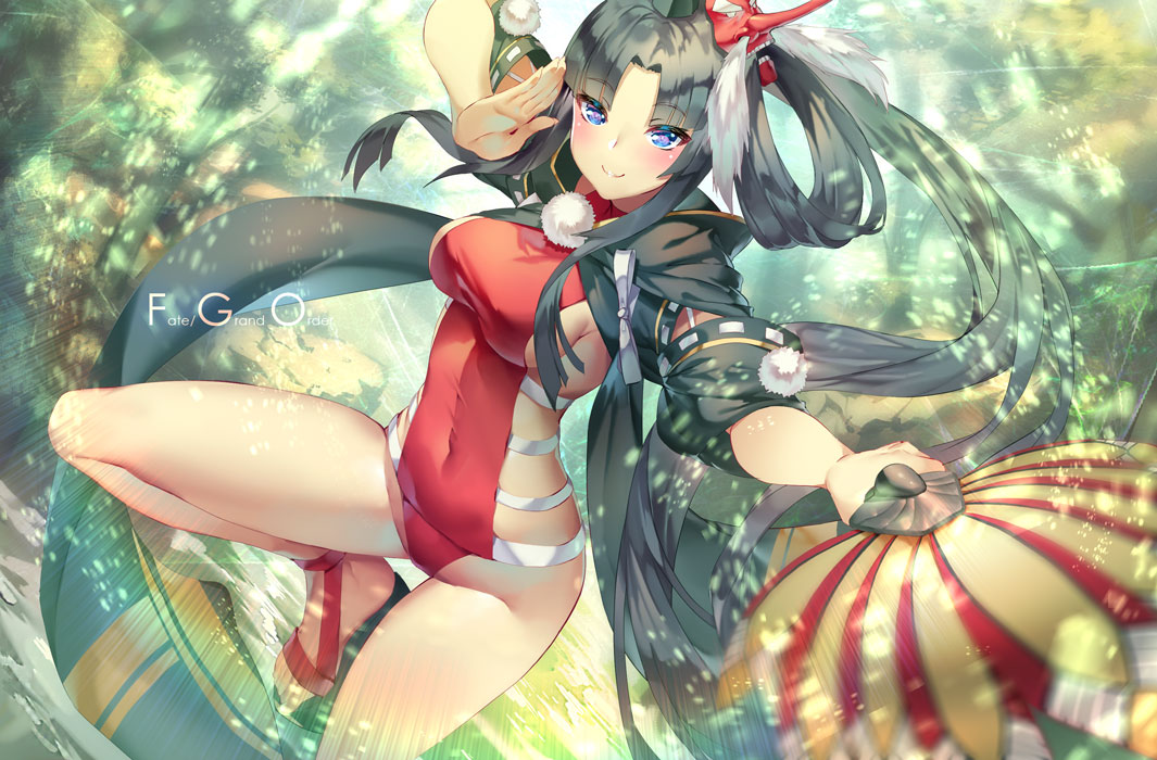 1girl aguy bangs black_hair blue_eyes blunt_bangs breasts closed_mouth copyright_name fate/grand_order fate_(series) hair_rings holding long_hair looking_at_viewer parted_bangs pom_pom_(clothes) pose red_swimsuit sandals side_ponytail sideboob smile solo standing standing_on_one_leg swimsuit ushiwakamaru_(fate/grand_order) ushiwakamaru_(swimsuit_assassin)_(fate)