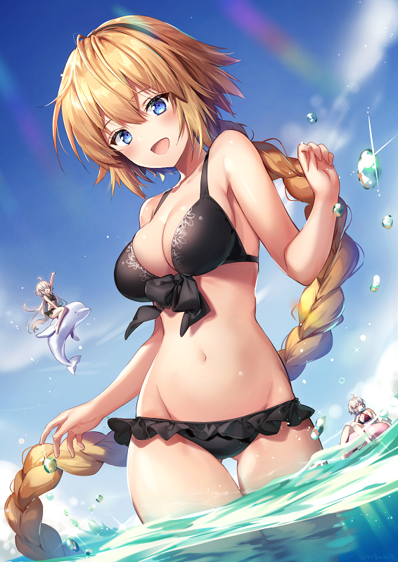 3girls :d afloat ahoge arm_up bare_arms bare_shoulders bikini black_bikini black_ribbon blonde_hair blue_eyes blue_sky blush braid breasts character_request cleavage collarbone commentary_request day dolphin dutch_angle eating fate/grand_order fate_(series) food frilled_bikini_bottom front-tie_bikini front-tie_top gluteal_fold grey_hair groin hair_between_eyes innertube jeanne_d'arc_(alter_swimsuit_berserker) jeanne_d'arc_(fate)_(all) jeanne_d'arc_(swimsuit_archer) large_breasts long_hair looking_at_viewer multiple_girls navel ocean open_mouth outdoors popsicle ribbon riding riichu shiny shiny_hair short_hair single_braid sitting sky smile solo_focus string_bikini swimsuit thigh_gap thighs very_long_hair wading water water_drop
