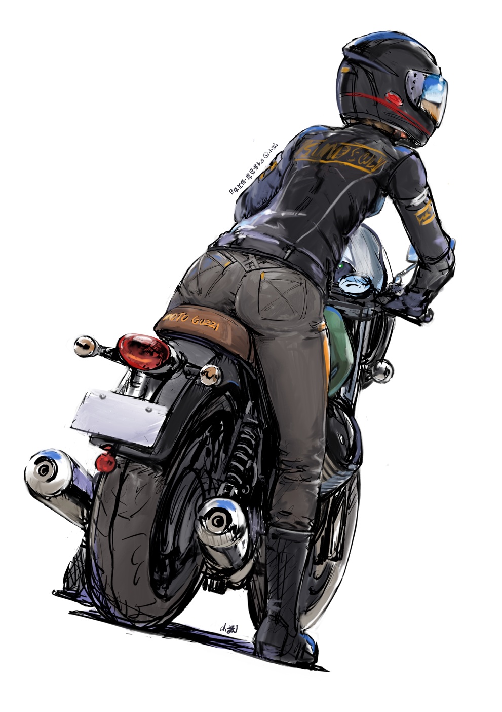 1girl ass black_footwear black_gloves black_jacket bomber_jacket boots breasts brown_pants carina_(xiaowoo) clothes_writing commentary_request dutch_angle facing_away facing_to_the_side from_behind full_body gloves ground_vehicle helmet highres jacket kishi_mieko knee_boots long_sleeves motor_vehicle motorcycle motorcycle_helmet onna_shunin_kishi_mieko pants pocket simple_background small_breasts solo standing tight tight_pants translated white_background