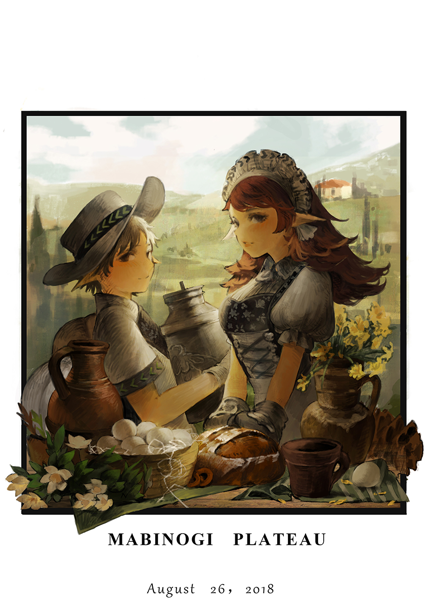 1boy 1girl baiguiyu basket black_border border bread breasts commentary_request copyright_name cup dated day egg flower food from_side gloves grey_eyes hat headdress highres large_breasts long_hair looking_at_viewer mabinogi mug outdoors parted_lips plant pointy_ears potted_plant puffy_short_sleeves puffy_sleeves short_sleeves smile yellow_flower
