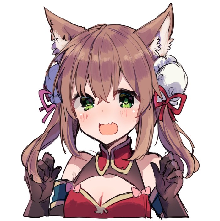 1girl animal_ears bangs bare_shoulders blush breasts brown_gloves brown_hair bun_cover china_dress chinese_clothes cleavage cleavage_cutout crossed_bangs dress elbow_gloves fang fox_ears gloves green_eyes hair_ribbon hands_up ikeuchi_tanuma long_hair looking_at_viewer open_mouth original red_ribbon ribbon simple_background small_breasts solo twintails upper_body white_background