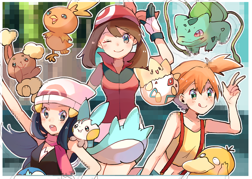 3girls :o beanie bird breasts brown_hair bulbasaur closed_mouth creature creatures_(company) fangs game_freak gen_1_pokemon gen_2_pokemon gen_3_pokemon gen_4_pokemon glitch gloves green_eyes happy haruka_(pokemon) hat hikari_(pokemon) kasumi_(pokemon) looking_at_viewer midriff multiple_girls navel nintendo one_eye_closed orange_hair pachirisu pink_eyes piplup pokemon pokemon_(anime) pokemon_(classic_anime) pokemon_(creature) pokemon_(game) pokemon_dppt pokemon_on_shoulder pokemon_rse psyduck red_shirt ririmon scarf shirt small_breasts togepi tongue tongue_out torchic yellow_shirt