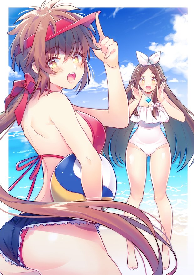 2girls ass beach bikini breasts fan_la_norne himono_xeno long_hair looking_at_viewer lora_(xenoblade_2) multiple_girls one-piece_swimsuit open_mouth parted_lips redhead short_hair shorts smile swimsuit water xenoblade_(series) xenoblade_2 yellow_eyes