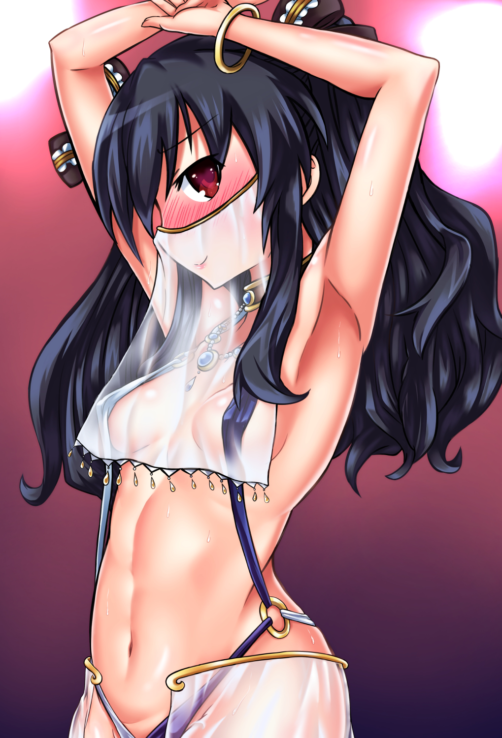 1girl arabian_clothes armpits black_hair blush bow bracelet breasts collar dancer hair_bow harem_outfit harem_pants highres jewelry kurozero long_hair looking_at_viewer navel necklace neptune_(series) pants red_eyes see-through sidelocks small_breasts solo two_side_up uni_(choujigen_game_neptune) veil