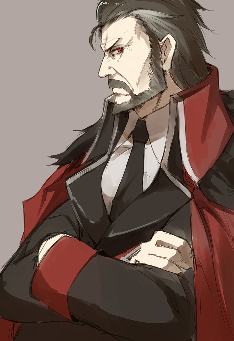 1boy beard berezovich_kryuger_(girls_frontline) black_hair black_jacket black_neckwear coat collared_coat collared_shirt crossed_arms facial_hair fur-trimmed_coat fur_trim girls_frontline grey_background hair_slicked_back jacket jacket_on_shoulders looking_at_viewer luse_maonang military military_uniform mustache necktie red_coat red_eyes scar shirt simple_background solo uniform upper_body white_shirt wing_collar