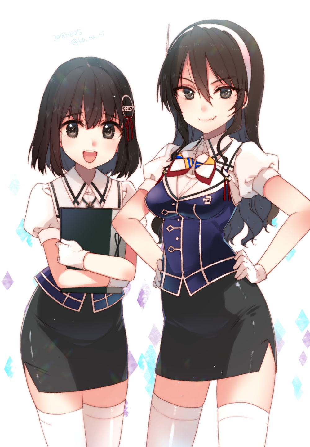 2girls adapted_costume ashigara_(kantai_collection) black_eyes black_hair black_skirt brown_eyes brown_hair clipboard gloves haguro_(kantai_collection) hair_ornament hairband highres horned_headwear kantai_collection koruri leaning_forward long_hair looking_at_viewer multiple_girls open_mouth pencil_skirt purple_vest remodel_(kantai_collection) short_hair short_sleeves skirt smile thigh-highs vest wavy_hair white_background white_gloves white_hairband white_legwear