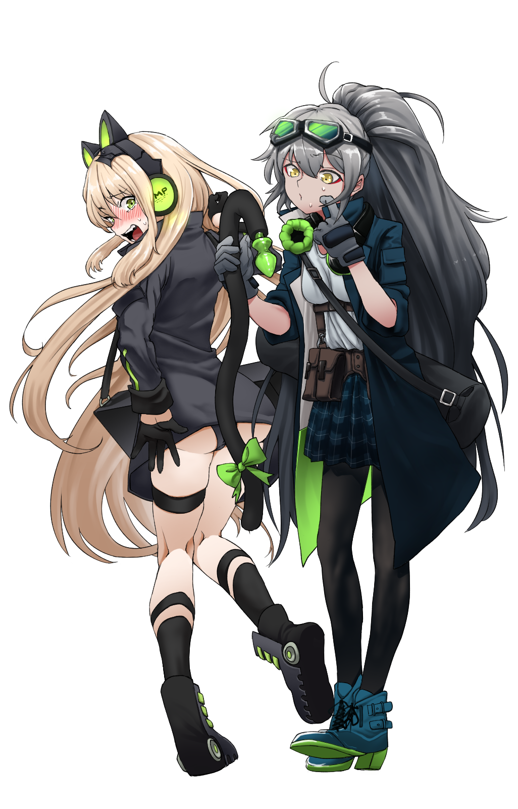 2girls aek-999_(girls_frontline) ahoge anal_tail animal_ears ass bangs black_coat black_gloves black_legwear black_leotard blonde_hair blue_coat blush boots bow breasts cat_ear_headphones cat_ears cat_tail coat confused eyebrows_visible_through_hair fake_tail full_body girls_frontline gloves goggles green_eyes grey_gloves grey_hair hair_between_eyes half_gloves headphones headphones_around_neck highres kneehighs leotard load_bearing_equipment long_hair looking_at_another looking_at_hand looking_back medium_breasts multiple_girls open_clothes open_mouth pantyhose plaid plaid_skirt pleated_skirt scratching_cheek sd_bigpie shirt sidelocks simple_background skindentation skirt sleeves_rolled_up smelling standing sweatdrop tail tearing_up thigh_strap tmp_(girls_frontline) very_long_hair weapon_bag white_background white_shirt yellow_eyes
