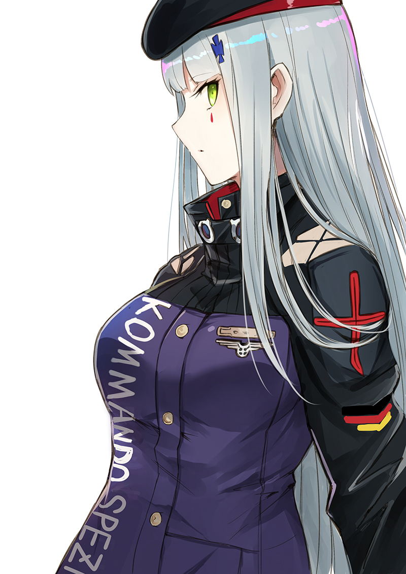 1girl badge bangs beret blunt_bangs breasts buttons clothes_writing eyebrows_visible_through_hair facial_mark german_flag girls_frontline gloves green_eyes hair_ornament hat hk416_(girls_frontline) jacket long_hair looking_at_viewer luse_maonang medium_breasts parted_lips sidelocks silver_hair simple_background solo teardrop upper_body very_long_hair white_background