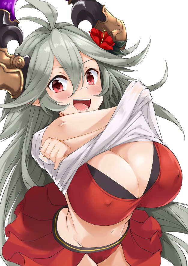 1girl ahoge bangs blush breasts cleavage draph eyebrows_visible_through_hair flower granblue_fantasy grey_hair hair_between_eyes hair_flower hair_ornament horns ky_kosuke large_breasts long_hair looking_at_viewer nipples open_mouth red_eyes simple_background smile solo swimsuit thalatha_(granblue_fantasy) very_long_hair
