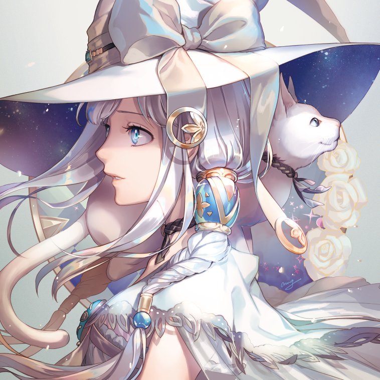 1girl amg_(nwmnmllf) bad_id bad_twitter_id blue_eyes braid cat dress from_side grey_background grey_hair hair_tubes hat hat_ribbon long_hair original parted_lips profile ribbon signature solo white_dress white_hat white_ribbon witch_hat