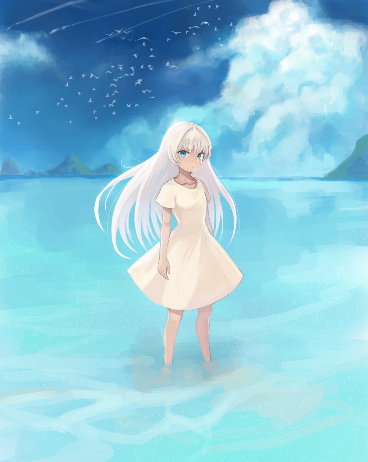 1girl barefoot bird blue_eyes blue_sky closed_mouth clouds cloudy_sky condensation_trail dress flock hair_intakes highres long_hair looking_at_viewer ocean original short_sleeves sky solo sookmo standing wading water white_dress white_hair