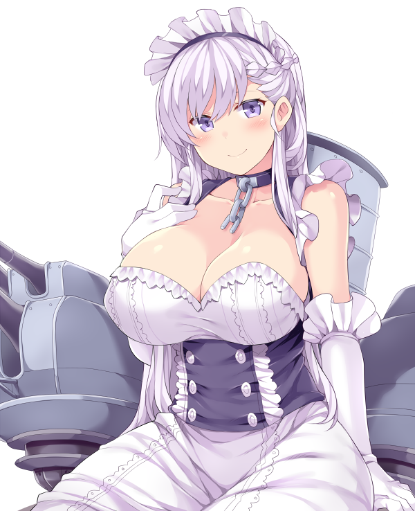 1girl apron azur_lane bangs belfast_(azur_lane) blue_eyes blush braid breasts chains cleavage closed_mouth collar collarbone dress elbow_gloves eyebrows_visible_through_hair french_braid frilled_gloves frills gloves hand_on_own_breast hasu_(hk_works) large_breasts long_hair looking_at_viewer machinery maid maid_headdress rigging sidelocks silver_hair sitting smile solo white_gloves