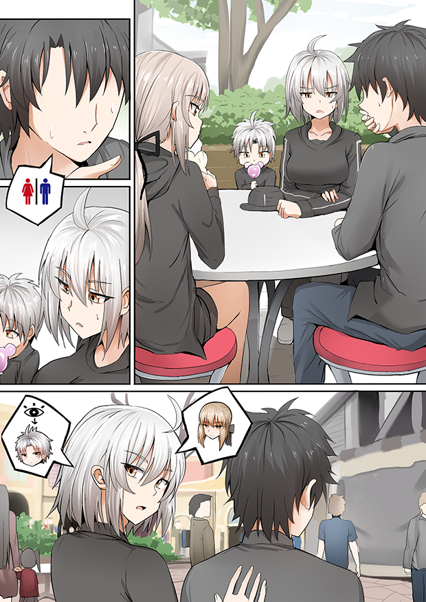 ahoge artoria_pendragon_(all) faceless faceless_male fate/grand_order fate_(series) father_and_son food fujimaru_ritsuka_(male) ginhaha jeanne_d'arc_(alter)_(fate) jeanne_d'arc_(fate)_(all) mother_and_daughter saber_alter short_hair silver_hair sweat yellow_eyes
