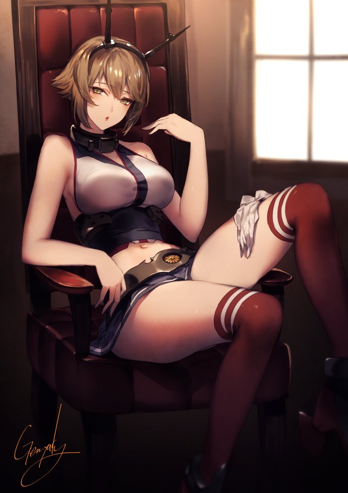 1girl bangs bare_shoulders belt blush breasts brown_hair chair collar day elbow_rest fanning_face gloves gloves_removed green_eyes headgear indoors kantai_collection knee_up kyouya_(mukuro238) large_breasts looking_at_viewer midriff mutsu_(kantai_collection) navel open_mouth short_hair sidelocks signature sitting skirt sleeveless solo stomach thigh-highs thighs underbust window