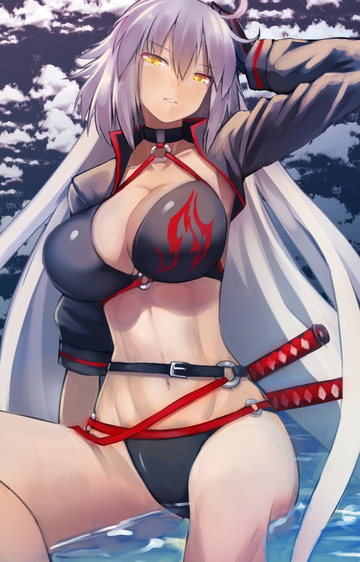 1girl bikini black_bikini black_choker black_gloves black_jacket blue_sky breasts choker cleavage clouds collarbone commentary_request cropped_jacket eyebrows_visible_through_hair fate/grand_order fate_(series) gloves hair_between_eyes hand_on_own_head jacket jeanne_d'arc_(alter_swimsuit_berserker) jeanne_d'arc_(fate)_(all) katana large_breasts long_hair multiple_swords navel o-ring o-ring_bikini o-ring_bottom o-ring_top partially_submerged pen_(pen3) silver_hair sitting sky swimsuit sword very_long_hair waist water weapon yellow_eyes